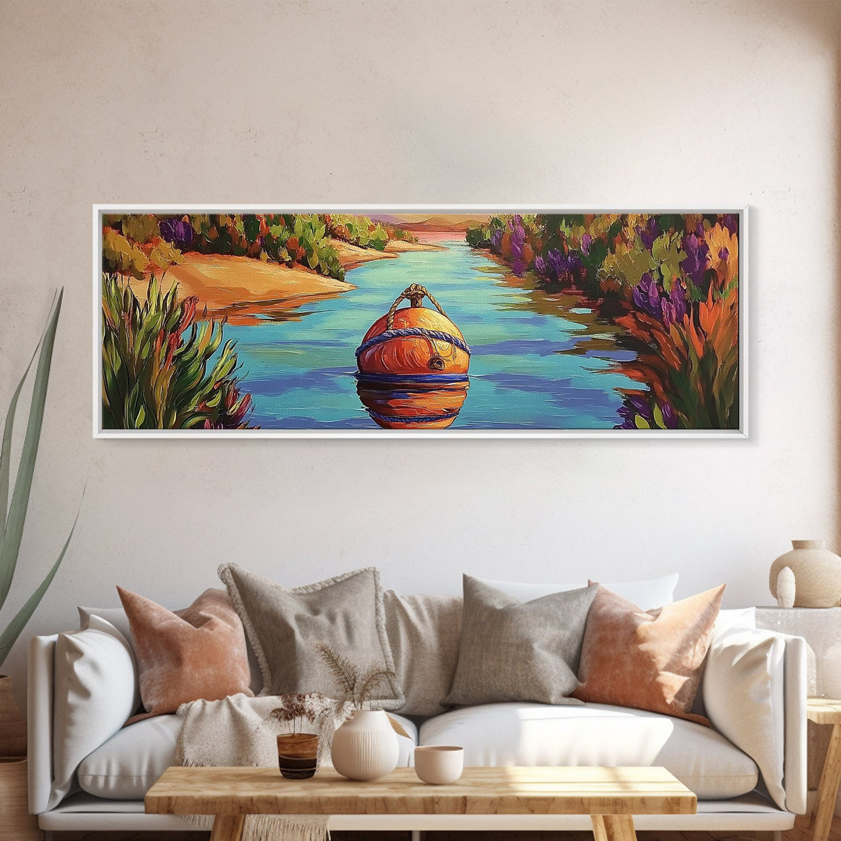 Buoy Painting, River Calm, Coastal Reflection, Peaceful Dock, Canvas Print, lake cabin art, nautical wall decor, colorful waterway scene