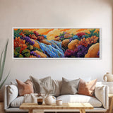 Waterfall Garden Scene, Colorful Floral Cascade, Fantasy Nature Artwork, Framed Canvas Print, Vibrant Bathroom or Entryway Art