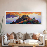 Mountain Peak Trail, Vibrant Sunset Hike Scene, Nature Adventure Wall Art, Framed Canvas Print, Boho Office or Den Decoration