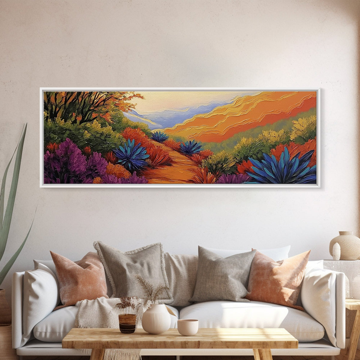 Vibrant Desert Path, Bold Landscape Painting, Agave and Sunset View, Framed Canvas Print, Southwest Kitchen or Hallway Wall Art