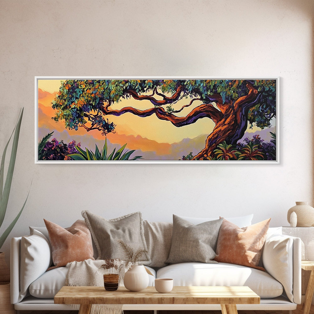 Majestic Tree Sunset, Enchanted Forest Landscape, Whimsical Nature Wall Art, Framed Canvas Print, Zen Bedroom or Entryway Decor
