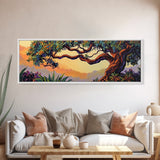 Majestic Tree Sunset, Enchanted Forest Landscape, Whimsical Nature Wall Art, Framed Canvas Print, Zen Bedroom or Entryway Decor