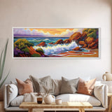 Ocean Wave Crash, Coastal Rock Shore, Vibrant Seascape Painting, Framed Canvas Print, Beach Bathroom or Nautical Living Room Art