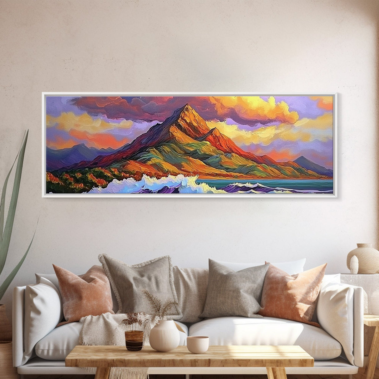 Mountain Wave Scene, Sunset Coastal Painting, Dramatic Landscape Art, Framed Canvas Print, Adventure Office or Living Room Wall Art