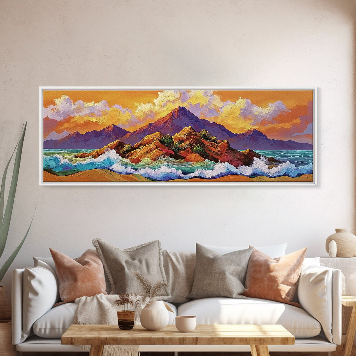 Sunset Island Scene, Bold Ocean Mountainscape, Tropical Beach Decor, Framed Canvas Print, Boho Bedroom or Vacation Home Wall Art