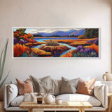 Autumn Lake, Purple Trees, Fall Landscape, Colorful Reflections, Framed Canvas Print, Cabin Wall Art, Cozy Fall Decor, Nature Inspired