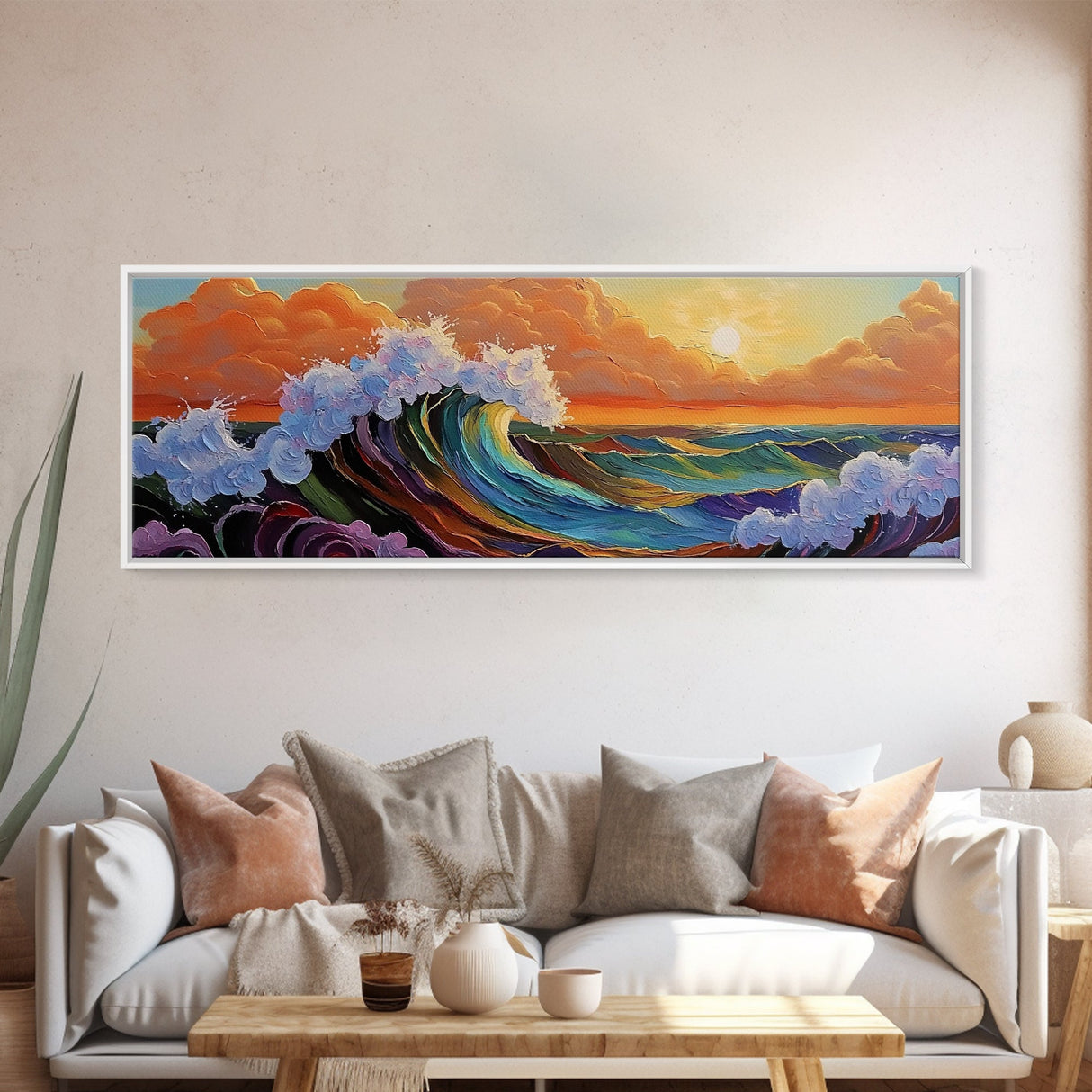 Sunset Ocean Wave, Colorful Seascape, Coastal Wall Decor, Living Room Art, Vibrant Beach Scene, Framed Canvas Print, Bold Brush Strokes