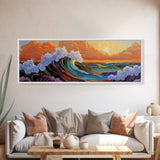 Sunset Ocean Wave, Colorful Seascape, Coastal Wall Decor, Living Room Art, Vibrant Beach Scene, Framed Canvas Print, Bold Brush Strokes