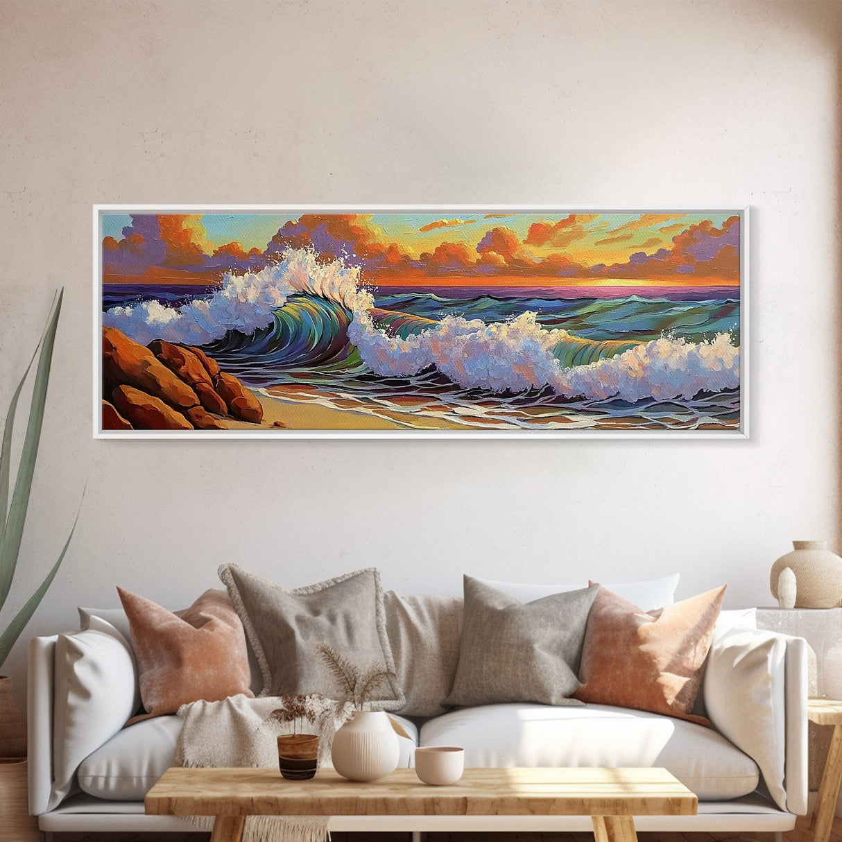 Vibrant Wave Break, Sunset Beach Art, Ocean Surf Decor, Modern Seascape Accent, Living Room Wall, Framed Canvas Print