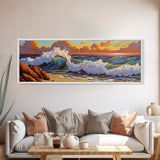 Vibrant Wave Break, Sunset Beach Art, Ocean Surf Decor, Modern Seascape Accent, Living Room Wall, Framed Canvas Print