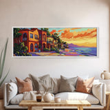 Coastal Village Sunset, Beach House Art, Vibrant Colorful Home Decor, Tropical Wall Style, Framed Canvas Print, Vacation Vibes