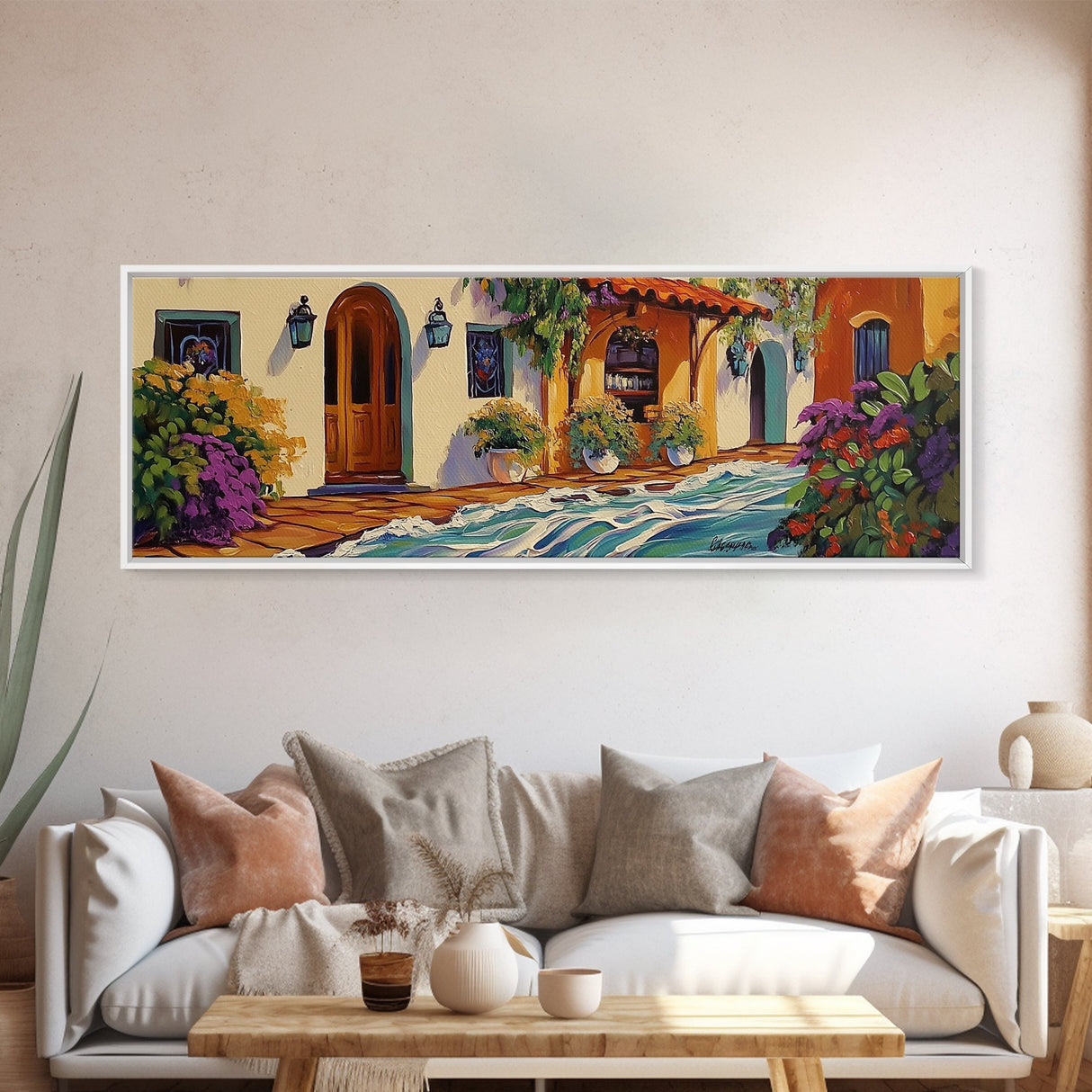 Hacienda Courtyard, Rustic Charm Art, Southwest Home Decor, Floral Garden Wall Accent, Framed Canvas Print, Dining Room Style