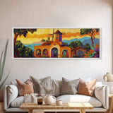 Sunset Windmill, Coastal Hills Art, Tropical Landscape Decor, Warm Color Wall Art, Living Room Accent, Framed Canvas Print