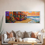 Coastal Villa, Ocean View, Sunset Beach, Canvas Print, Mediterranean house art, colorful seaside decor, boho kitchen art