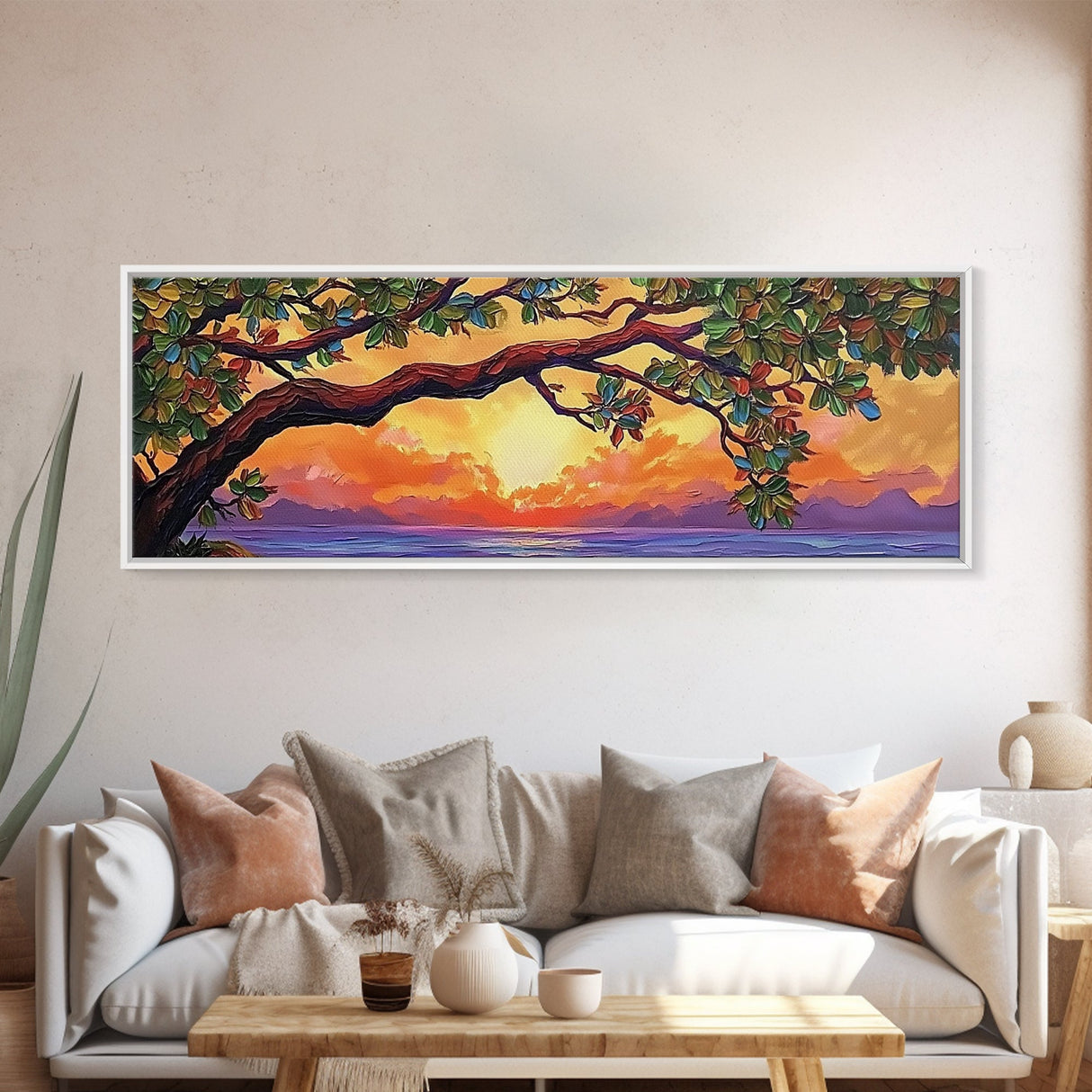 Tropical Tree Sunset, Ocean View Art, Island Vibes, Framed Canvas Print, Beach House Decor, Sunset Wall Art, Coastal Boho Art