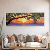 Tropical Tree Sunset, Ocean View Art, Island Vibes, Framed Canvas Print, Beach House Decor, Sunset Wall Art, Coastal Boho Art