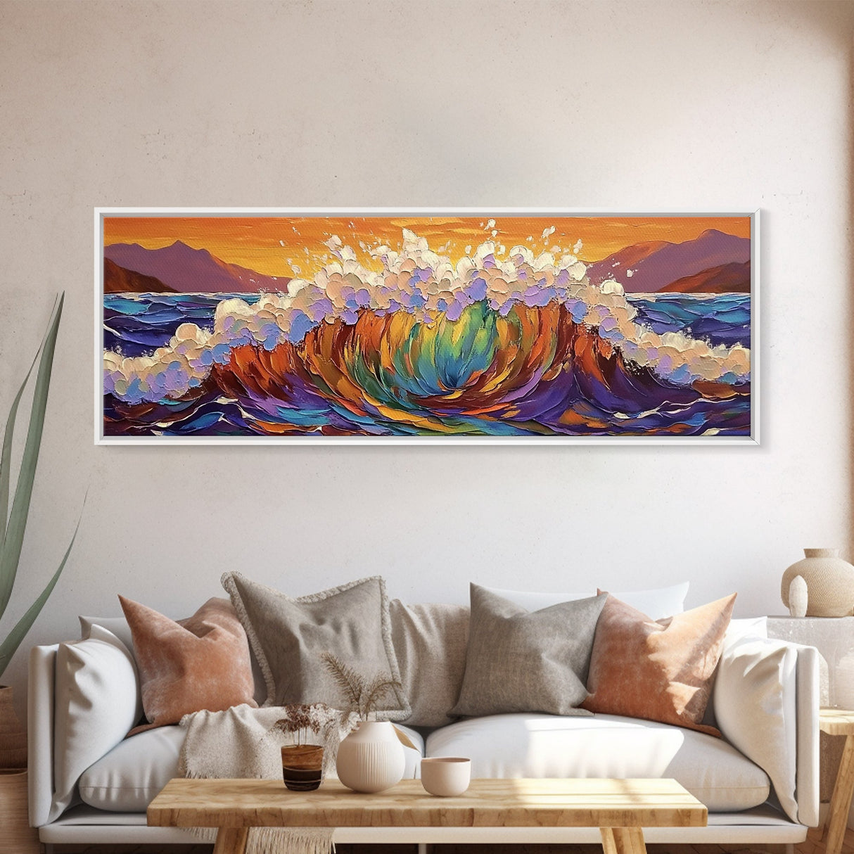 Rainbow Wave Splash, Ocean Energy Art, Vibrant Seascape, Framed Canvas Print, Coastal Living Room Decor, Surf Beach Wall Art, Boho Style