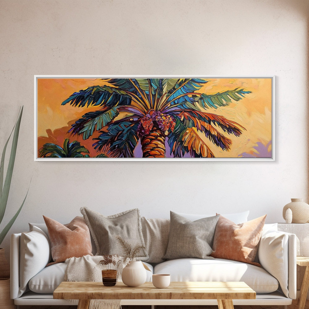 Tropical Palm Tree, Sunset Silhouette, Paradise Vibe, Framed Canvas Print, Beachy Living Room Wall Art, Island Boho Decor, Summer Style