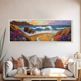 Coastal Wave, Bold Surf, Rocky Sunset, Flower Shoreline, Framed Canvas Print, Nautical Art, Bathroom Beach Landscape Decor