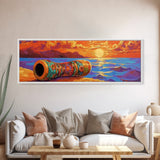 Mosaic Drum, Sunset Rhythm, Tribal Ocean, Desert Music, Framed Canvas Print, Eclectic Art, Living Room Music Wall Piece