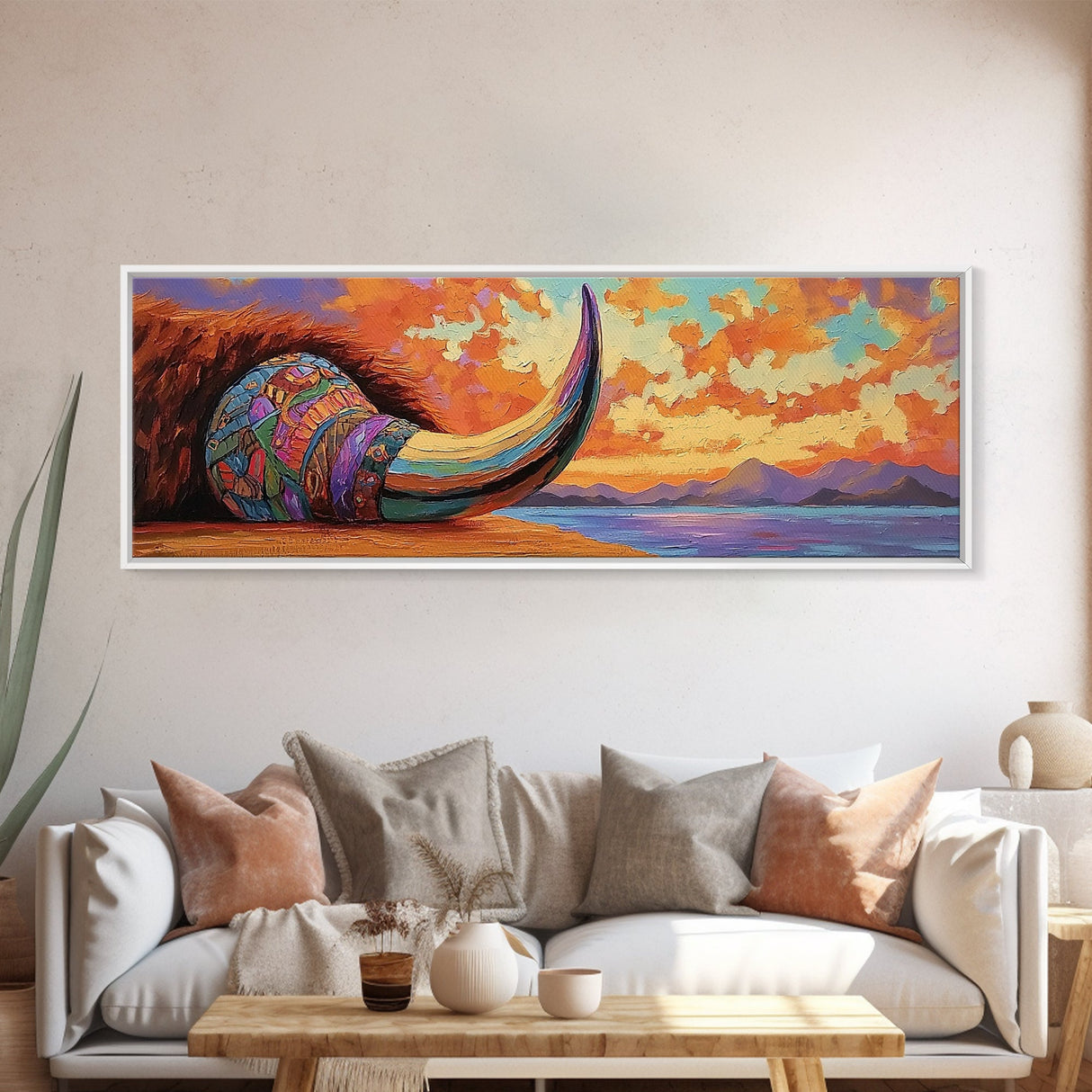 Longhorn Skull, Sunset Sky, Boho Western, Tribal Texture, Framed Canvas Print, Desert Wall Art, Living Room Decor, Southwestern Vibe