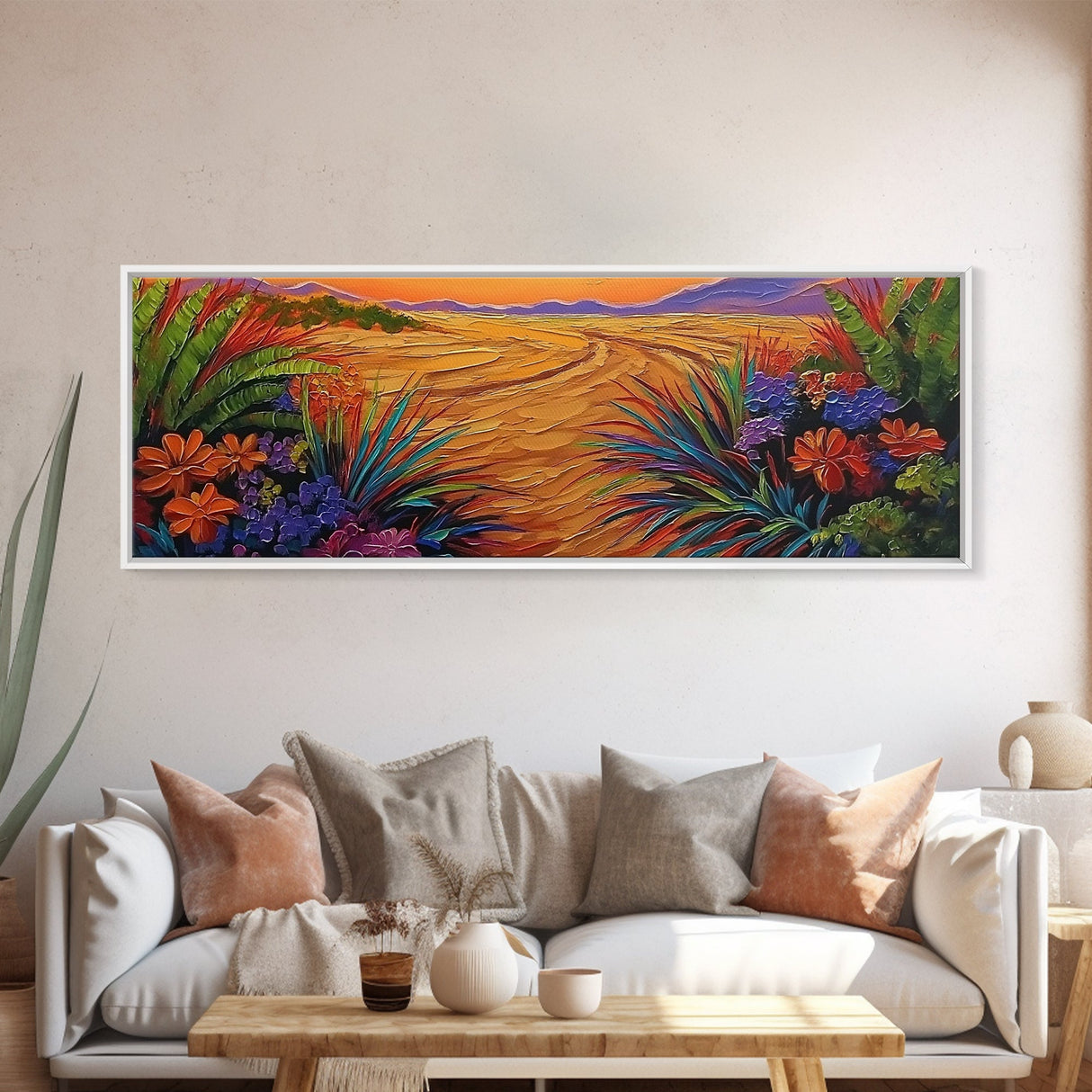 Golden Horizon Path, Vibrant Floral Border, Nature Sunset Painting, Framed Canvas Print, Bedroom Wall Art, Warm Color Landscape