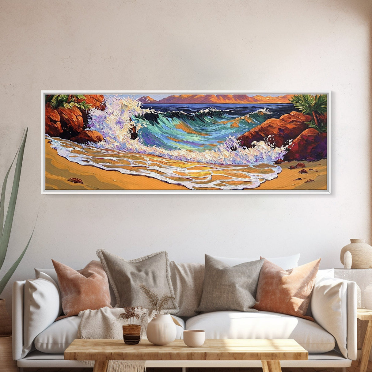 Wave Crash, Rocky Beach, Golden Coast, Tropical Splash, Framed Canvas Print, Coastal Wall Art, Bold Bathroom Decor, Surf Art Style