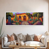 Southwest Garden Entrance, Cactus Desert Home, Rustic Charm, Framed Canvas Print, Living Room Wall Art, Vibrant Adobe Artwork