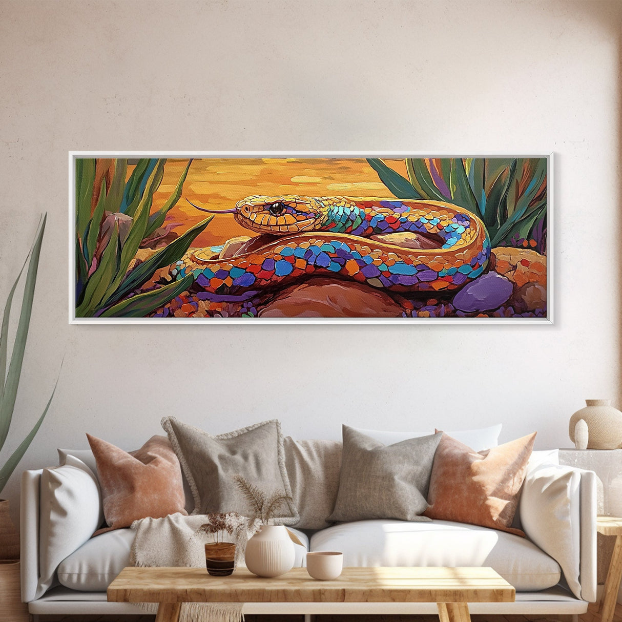 Sunset Snake Painting, Colorful Desert Creature, Serpent Among Rocks, Framed Canvas Print, Boho Wall Art, Eclectic Decor Piece