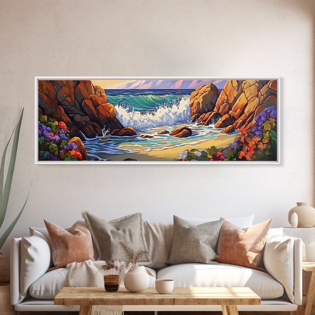 Rocky Shore Break, Ocean Cliff Scene, Seaside Escape, Framed Canvas Print, Coastal Bathroom Wall Art, Nautical Beach Decor