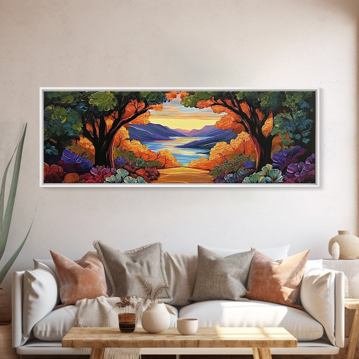 Autumn Lake View, Forest Path, Mountain Vibe, Framed Canvas Print, Fall Wall Art, Boho Landscape, Cozy Living Room Decor
