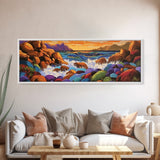 Rocky Coastline, Sunset Splash, Rainbow Stones, Framed Canvas Print, Bathroom Wall Art, Modern Seaside Art, Bold Landscape Vibes