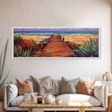 Seaside Path Art, Beach Boardwalk Print, Coastal Nature Scene, Tropical Living Room Wall Decor, Boho Style Framed Canvas Print