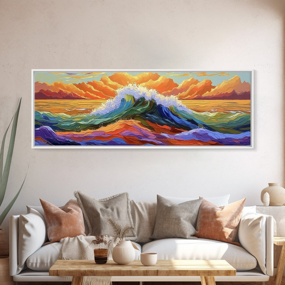 Vibrant Ocean Wave, Coastal Wall Art, Bold Sunset Seascape, Framed Canvas Print, Colorful Beach Decor, Nautical Bathroom Art