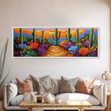 Cactus Garden Sunset, Desert Wall Art, Succulent Landscape, Framed Canvas Print, Boho Living Room Decor, Vibrant Western Style
