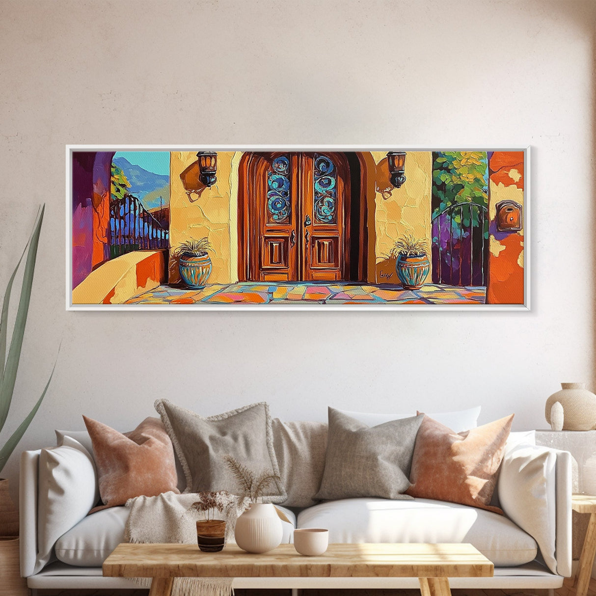 Spanish Doorway Scene, Rustic Entrance Art, Bold Exterior Decor, Framed Canvas Print, Hallway Wall Art, Mediterranean Style