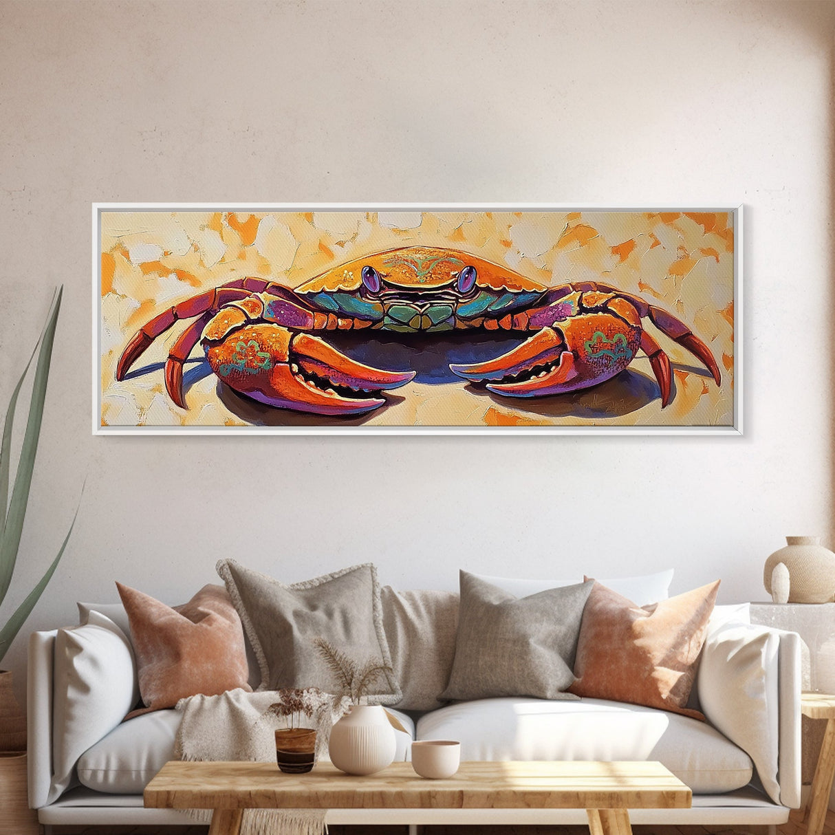 Coastal Crab Art, Beach House Decor, Nautical Vibes, Vibrant Colors Framed Canvas Print, Coastal Kitchen Wall Art, Bold Animal Painting