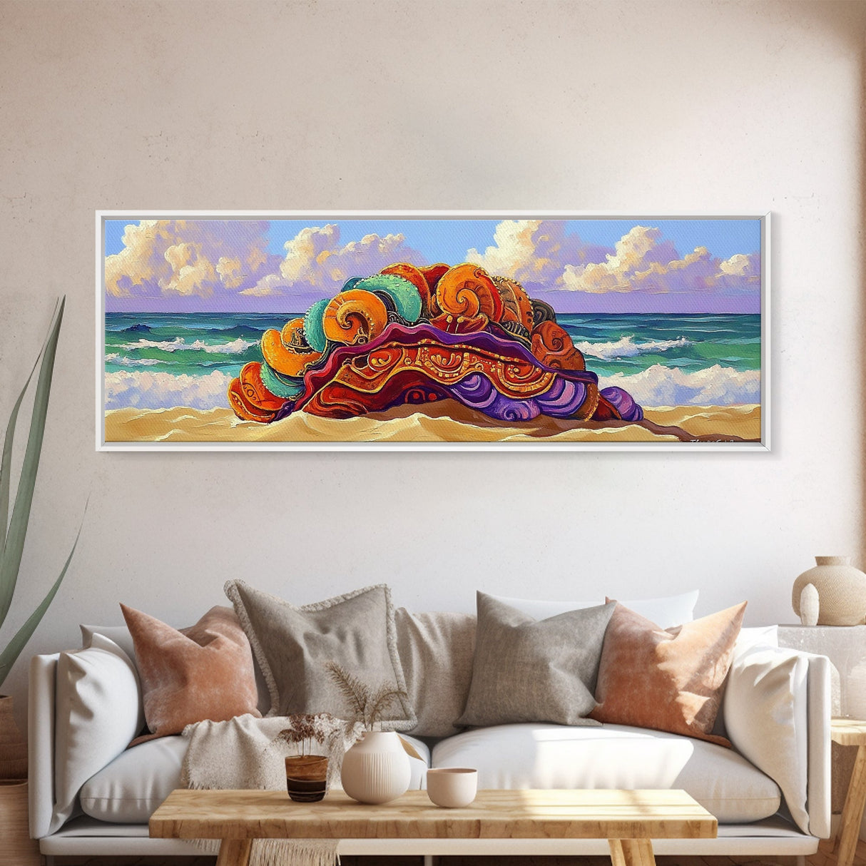 Vibrant Shell Art, Ocean Fantasy, Whimsical Beach, Nature Vibes Framed Canvas Print, Coastal Bathroom Art, Boho Sea Decor
