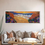 Tropical Cove, Sunset Beach, Colorful Blooms, Coastal Escape Framed Canvas Print, Bedroom Wall Art, Bold Landscape Painting
