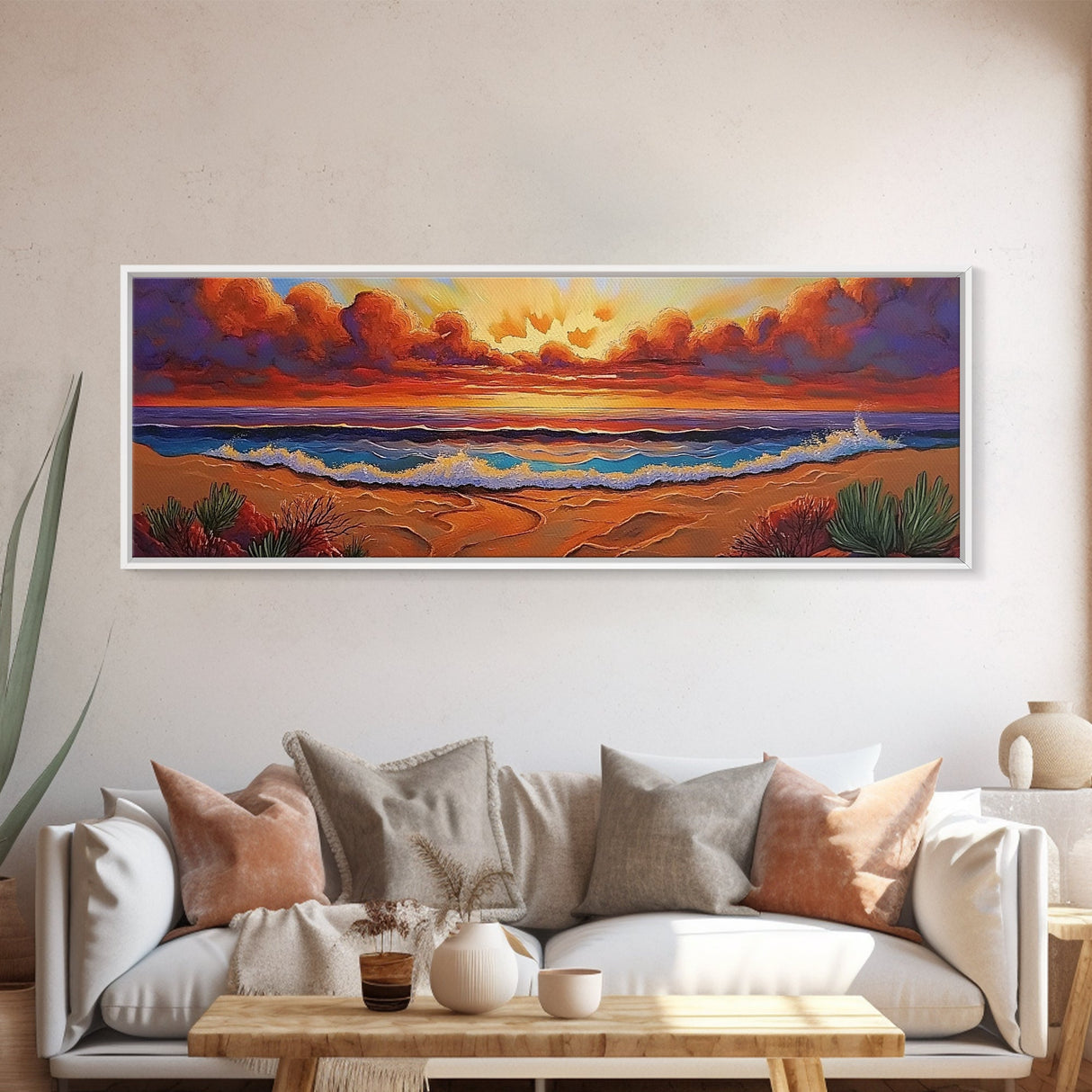Sunset Coastline, Dramatic Sky, Evening Surf, Autumn Horizon Framed Canvas Print, Dining Room Wall Art, Moody Coastal Art