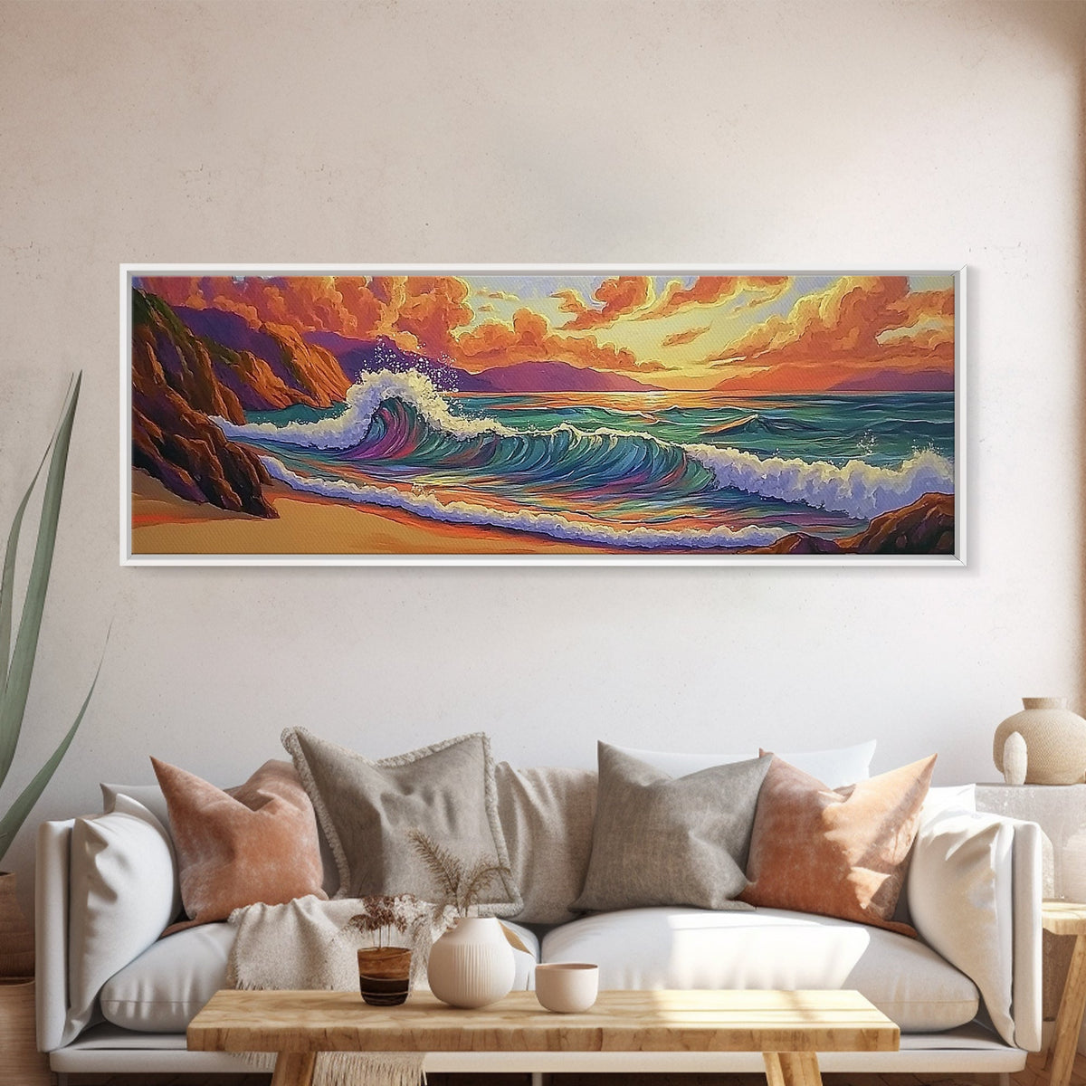 Sunset Surf, Rocky Coast, Vibrant Ocean, Evening Glow, Framed Canvas Print coastal bedroom art, surfer vibes, modern beach wall art