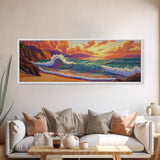 Sunset Surf, Rocky Coast, Vibrant Ocean, Evening Glow, Framed Canvas Print coastal bedroom art, surfer vibes, modern beach wall art