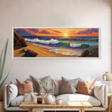 Sunset Beach, Coastal Rocks, Tranquil Shore, Golden Light, Framed Canvas Print beach house decor, minimalist landscape, bedroom art