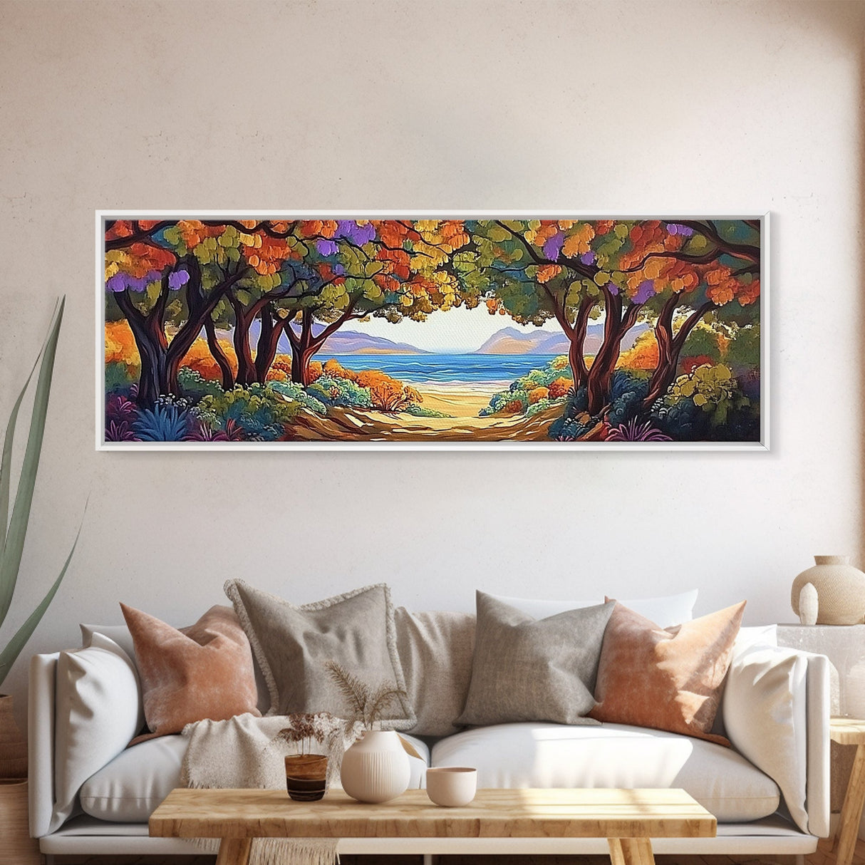 Seaside Trees, Autumn Canopy, Ocean View, Coastal Path, Framed Canvas Print colorful fall wall art, entryway decor, boho nature scene