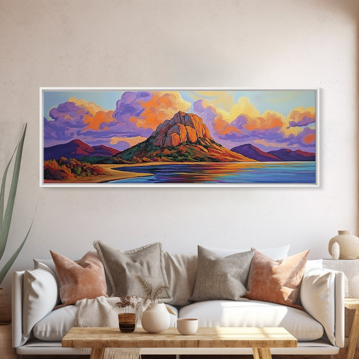 Mountain Coast, Sunset Glow, Majestic Landscape, Vibrant Horizon, Framed Canvas Print living room mountain wall art, rustic scenic decor