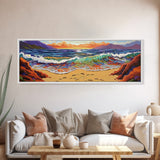 Sunset Shore View, Vibrant Ocean Wave, Footprints in Sand, Coastal Seascape Art, Framed Canvas Print, Beach House Wall Decor