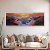 Sunset Coast, Vibrant Waters, Ocean Rocks, Canvas Print, Dreamy Beach Wall Art, Bright Living Room Decor, Boho Seascape Scene