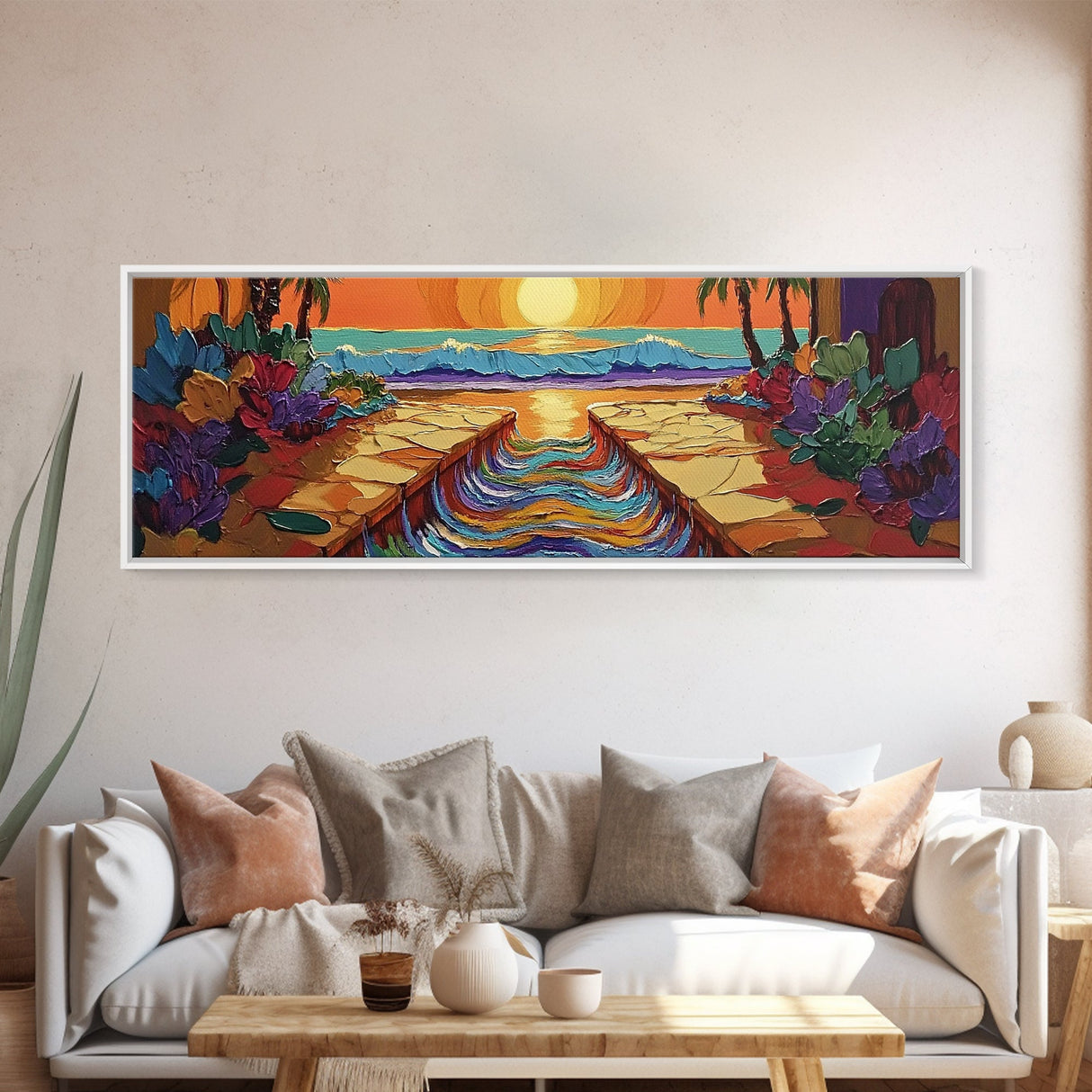 Sunset Path, Ocean View, Tropical Flowers, Canvas Print, Vibrant Beach House Wall Art, Bold Color Decor, Coastal Living Room Art