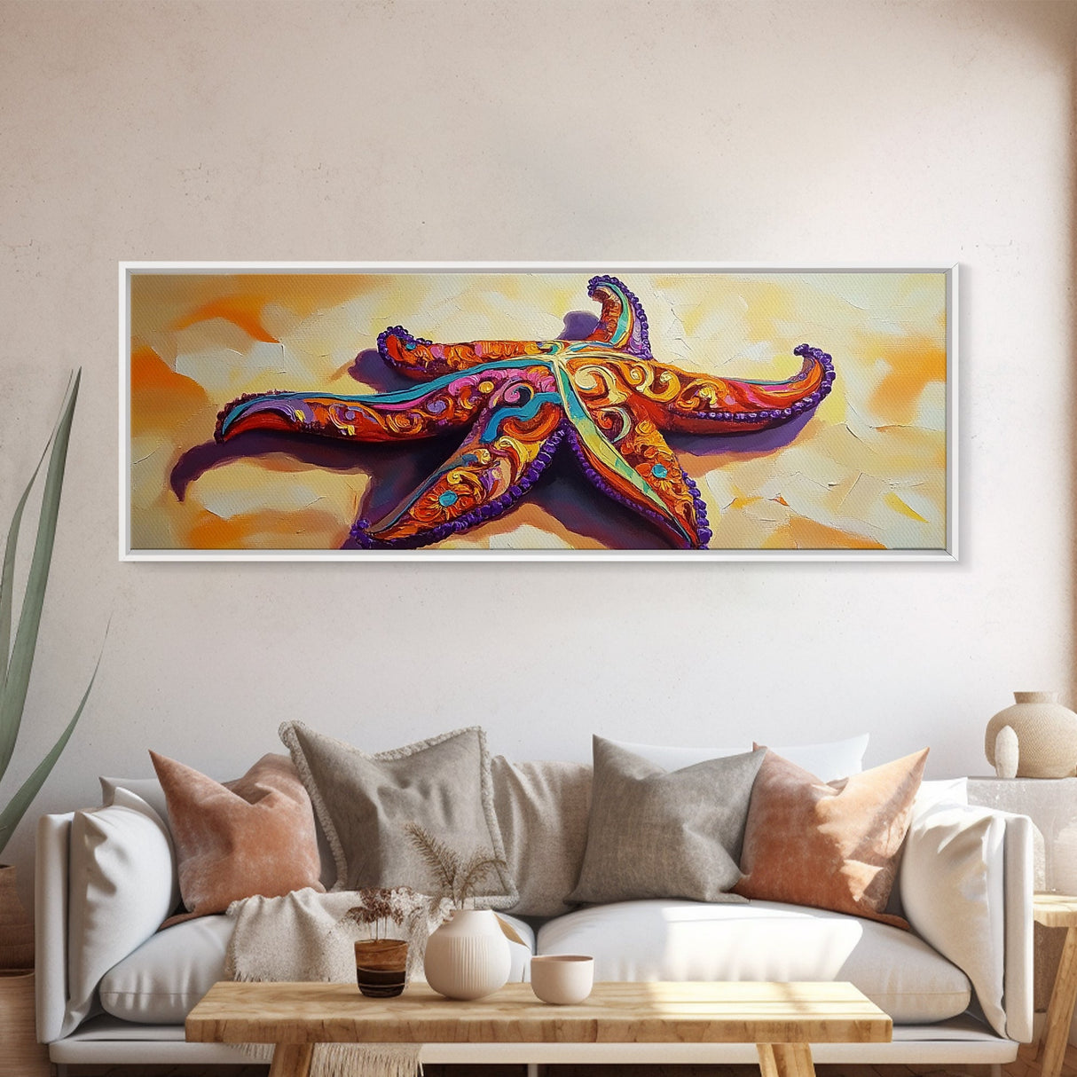 Starfish Pattern, Bold Beach, Ocean Life, Framed Canvas Print, Coastal Bathroom Wall Art, Nautical Boho Decor, Summer Ocean Style
