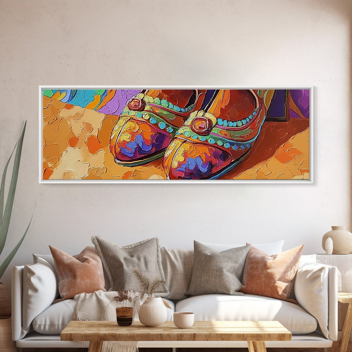Fiesta Shoes, Mexican Style, Color Pop, Framed Canvas Print, Boho Fashion Wall Art, Entryway Accent Decor, Whimsical Art Style